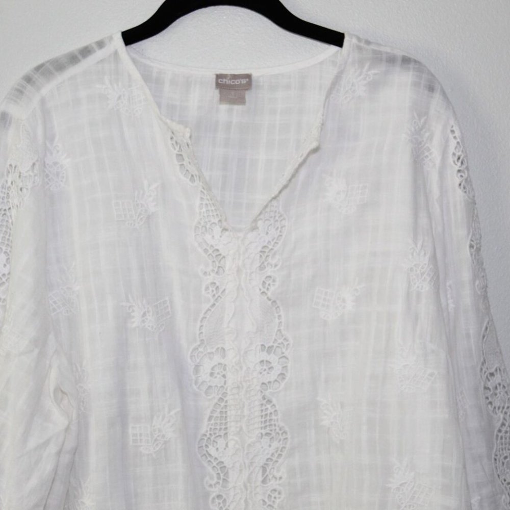 Chico's Lace Crochet Eyelet Trim Blouse White Peasant Top Size 3 16/18 H13471 - Picture 4 of 12